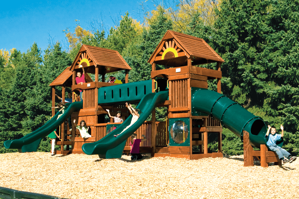 kids playing on wooden playground 